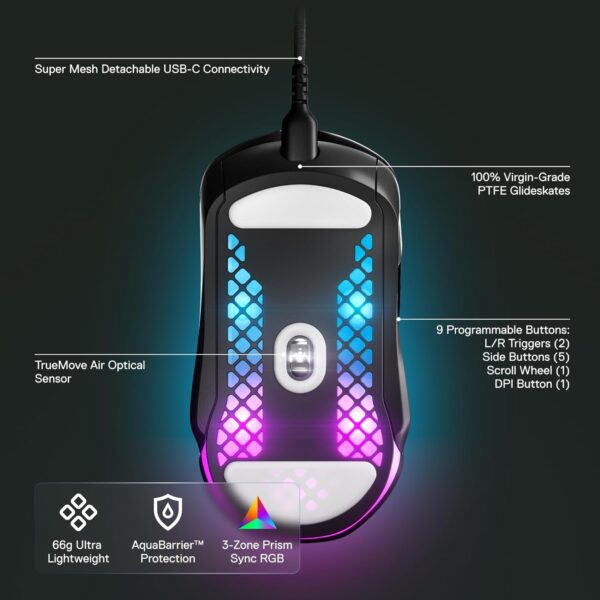 SteelSeries Aerox 5 - Holey RGB Gaming Mouse - Ultra-lightweight Water Resistant Design - 18K DPI TrueMove Air Optical Sensor - Image 5