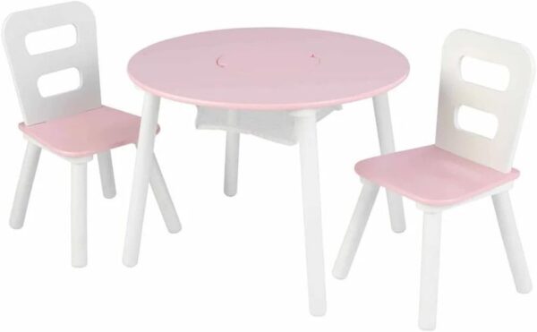 KidKraft kids Wooden Round Table & 2 Chair Set with Center Mesh Storage - Pink & White - Image 3