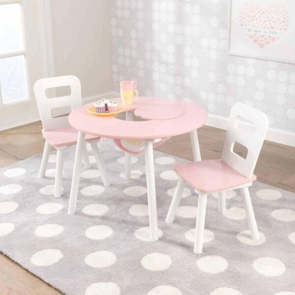 KidKraft kids Wooden Round Table & 2 Chair Set with Center Mesh Storage - Pink & White