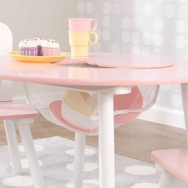 KidKraft kids Wooden Round Table & 2 Chair Set with Center Mesh Storage - Pink & White - Image 2