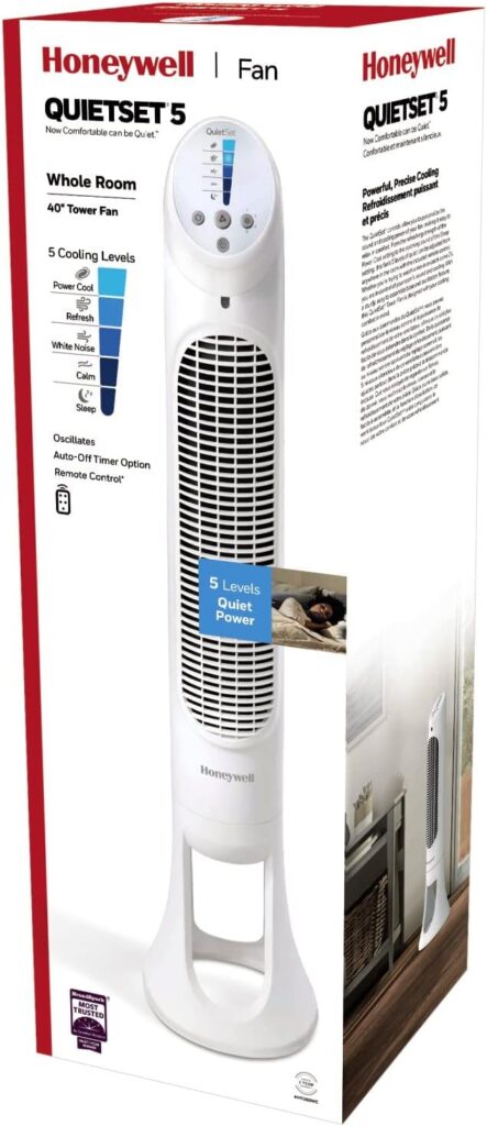 Honeywell HYF260WC QuietSet® Whole Room 40” Tall Tower Fan Home, Bedroom, Office, 75° Oscillation, Remote Control, 5 speeds, Slim Profile, Auto Shut-Off, Portable, Easy-to Use Controls, White (Open Box)